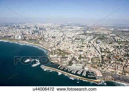 Stock Image - "Aerial view of coastline and Old Jaffa Port, Israel". Fotosearch