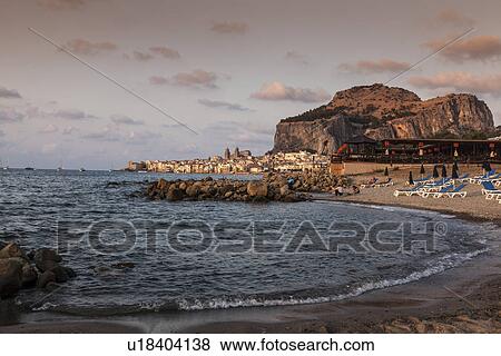 Stock Photo - "Beach and Mediterranean sea, Cefalu, Palermo, Sicily, Italy". Fotosearch
