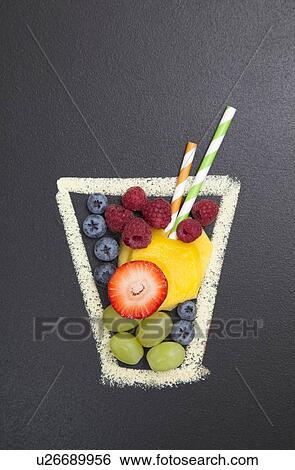 Stock Photograph - Blackboard illustration of drinking glass with fruit and drinking straws. Fotosearch