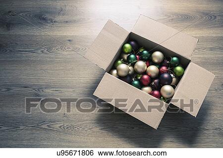 "Christmas baubles in cardboard box on floor, high angle" View Large Photo Image Stock Photograph - "Christmas baubles in cardboard box on floor, high angle". Fotosearch