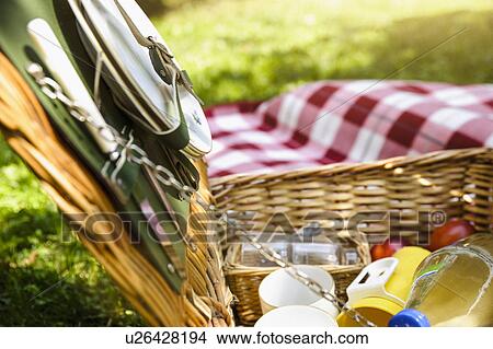 Picture - Close up of open wicker picnic basket. Fotosearch
