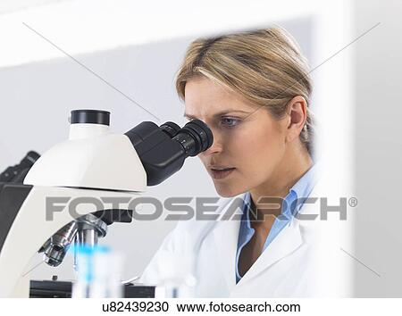 Close up of scientist viewing sample on glass slide through microscope for medical testing View Large Photo Image Stock Image - Close up of scientist viewing sample on glass slide through microscope for medical testing. Fotosearch