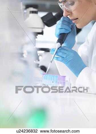 Stock Image - Female scientist pipetting sample into a vial for analytical testing in a laboratory. Fotosearch