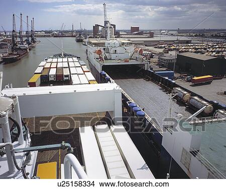 "High angle view from roll on roll off ferry in port, Grimsby, England, United Kingdom" View Large Photo Image Picture - "High angle view from roll on roll off ferry in port, Grimsby, England, United Kingdom". Fotosearch