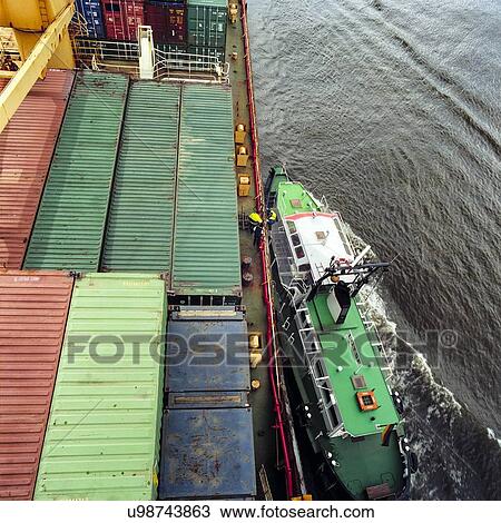 Stock Image - High angle view of pilot's boat along side container ship. Fotosearch