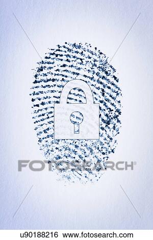 Stock Photograph - Lock outline over a fingerprint of a male's index finger. Fotosearch