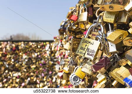 Stock Photo - "Love Locks, Pont Neuf, Quais de L'Horloge, Ile de la Cite, Paris, France". Fotosearch