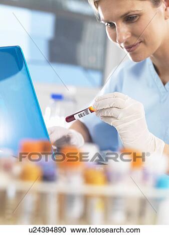Stock Image - Medical researcher viewing data on a computer for a blood sample during testing. Fotosearch