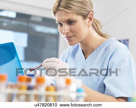 Stock Image - Medical researcher viewing data on a computer for a blood sample during testing. Fotosearch