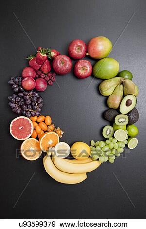 Stock Photo - Overhead still life of variety of fresh fruit in circle. Fotosearch