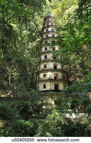 Stock Photography - "Pagoda on mountain, surrounded by trees, Hangzhou, China". Fotosearch