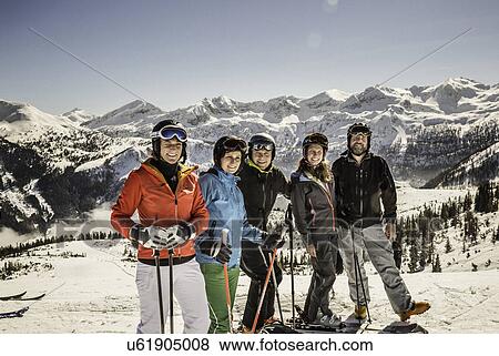 "Portrait of skiers on slope, smiling" View Large Photo Image Stock Photo - "Portrait of skiers on slope, smiling". Fotosearch