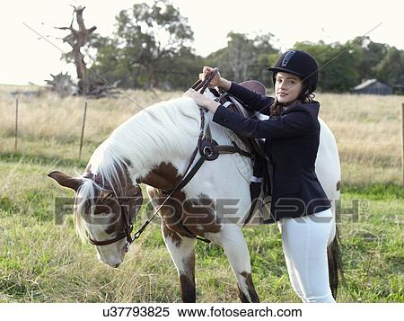 Portrait of teenage girl preparing to mount horse View Large Photo Image Stock Photography - Portrait of teenage girl preparing to mount horse. Fotosearch