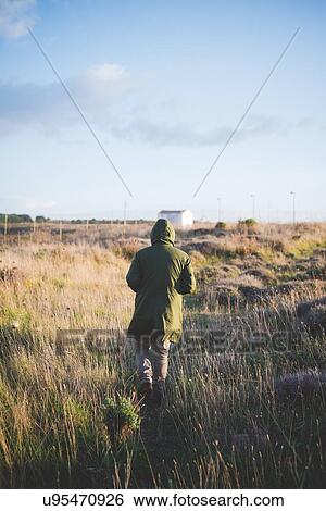 Rear view of man strolling across field View Large Photo Image Stock Photograph - Rear view of man strolling across field. Fotosearch