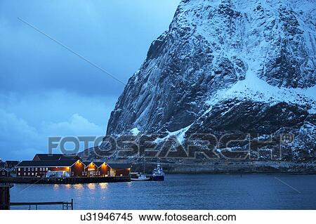 "Reine fishing village at dusk, Norway" View Large Photo Image Stock Photography - "Reine fishing village at dusk, Norway". Fotosearch