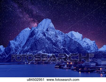 "Reine fishing village at night with starry sky, Norway" View Large Photo Image Stock Image - "Reine fishing village at night with starry sky, Norway". Fotosearch