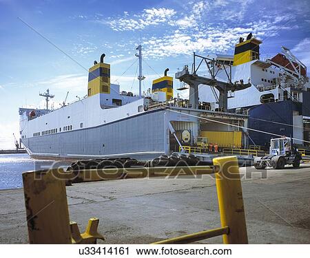 Stock Image - "Roll on roll off ferries in port, Grimsby, England, United Kingdom". Fotosearch