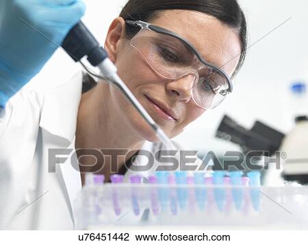 Scientist pipetting DNA sample into vial in lab View Large Photo Image Stock Image - Scientist pipetting DNA sample into vial in lab. Fotosearch