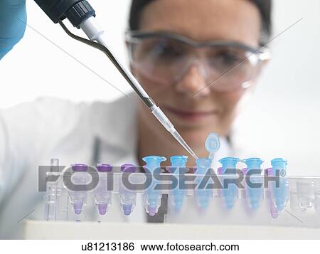 Stock Photograph - Scientist pipetting DNA sample into vial in lab. Fotosearch