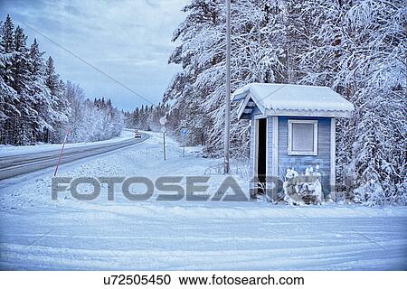 "Traditional bus stop on corner of snow covered rural road, Hemavan, Sweden" View Large Photo Image Stock Image - "Traditional bus stop on corner of snow covered rural road, Hemavan, Sweden". Fotosearch