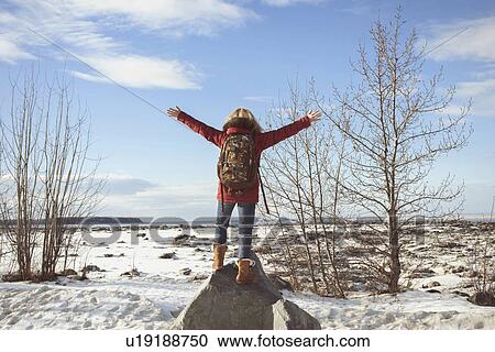 "Woman standing on rock with arms out, Anchorage, Alaska" View Large Photo Image Stock Image - "Woman standing on rock with arms out, Anchorage, Alaska". Fotosearch