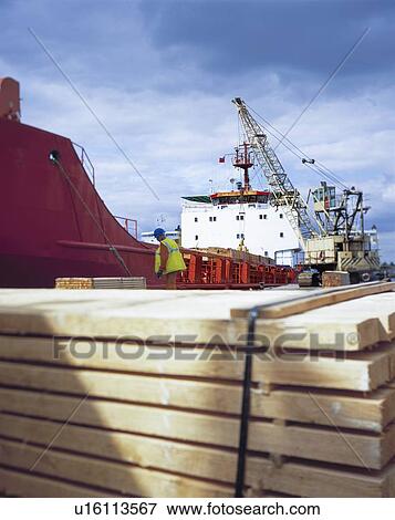Stock Photo - "Worker unloading timber from cargo ship in port, Grimsby, England, United Kingdom". Fotosearch