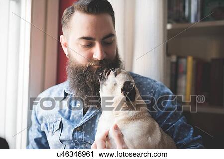 Young bearded man carrying dog in arms View Large Photo Image Stock Image - Young bearded man carrying dog in arms. Fotosearch