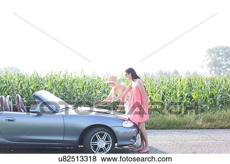 Stock Photo - Female friends reading map on convertible against clear sky. Fotosearch
