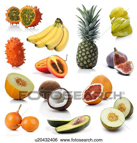 Mix of exotic fruits on white background View Large Photo Image Stock Photograph - Mix of exotic fruits on white background. Fotosearch