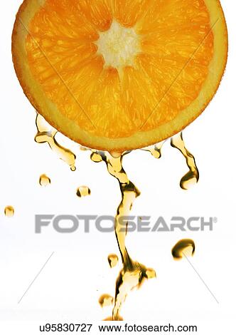 Stock Photo - Orange juice droping from orange slice. Fotosearch