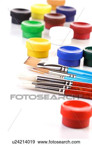Paint boxes and brushes on white background View Large Photo Image Stock Photo - Paint boxes and brushes on white background. Fotosearch