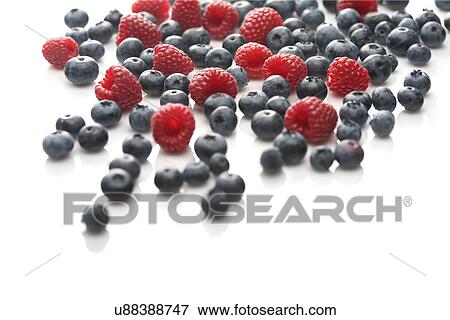 Stock Photo - Raspberries and blueberries on white background. Fotosearch