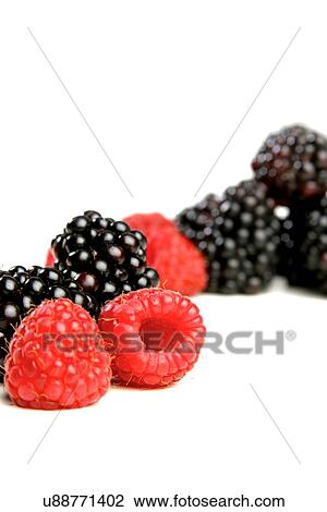 Stock Image - Studio shot of raspberries and blackberries. Fotosearch