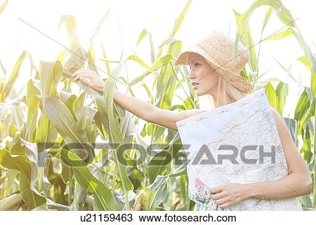 Stock Image - Woman looking through plants while holding map on sunny day. Fotosearch