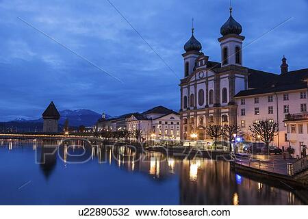 Stock Image - Chapel Bridge and Jesuit Church. Fotosearch
