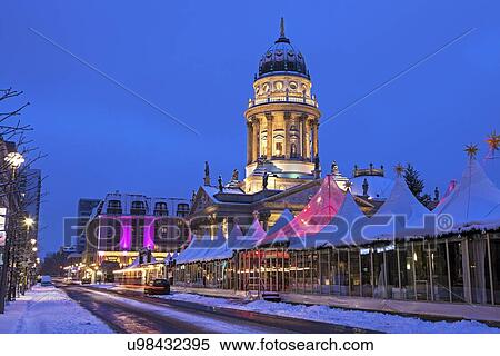 Christmas Market and illuminated steeple of French Cathedral View Large Photo Image Stock Photography - Christmas Market and illuminated steeple of French Cathedral. Fotosearch