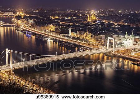 Stock Photography - Elevated view of Elisabeth Bridge at night. Fotosearch