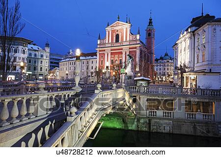 Stock Image - Franciscan Church and Triple Bridge. Fotosearch
