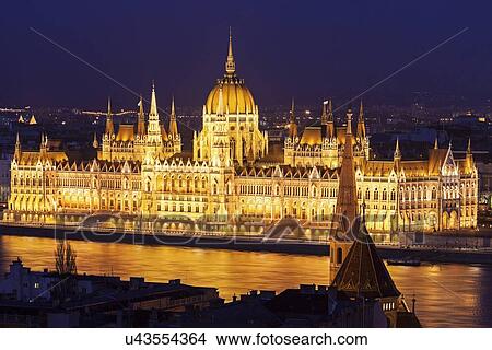 Picture - Hungarian Parliament illuminated at night. Fotosearch