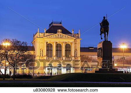Illuminated building of main railway station View Large Photo Image Stock Photo - Illuminated building of main railway station. Fotosearch