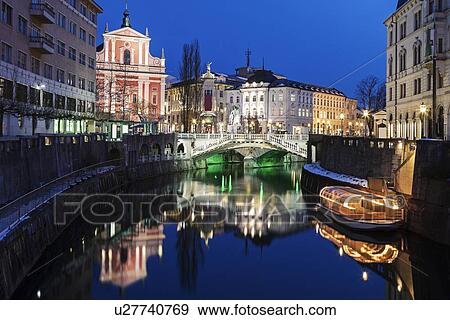 Illuminated buildings and Ljubljanica River View Large Photo Image Stock Photo - Illuminated buildings and Ljubljanica River. Fotosearch