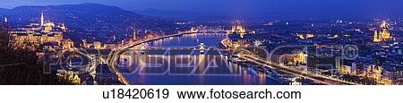 Illuminated cityscape with Danube River View Large Photo Image Stock Photo - Illuminated cityscape with Danube River. Fotosearch