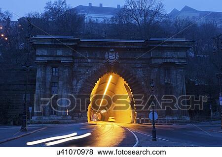 Stock Photo - Illuminated end of Buda Castle Tunnel. Fotosearch