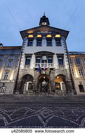 Illuminated facade of Ljubljana City Hall View Large Photo Image Stock Photography - Illuminated facade of Ljubljana City Hall. Fotosearch