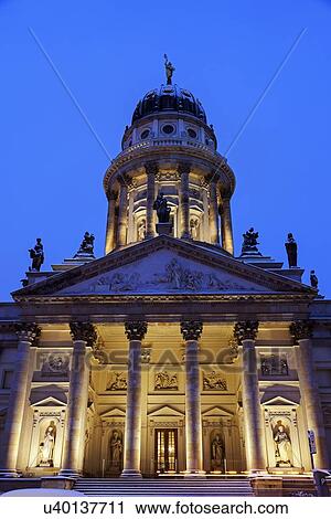 Stock Image - Illuminated French Cathedral against clear sky. Fotosearch