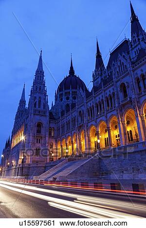 Illuminated Hungarian Parliament and light trails View Large Photo Image Stock Image - Illuminated Hungarian Parliament and light trails. Fotosearch