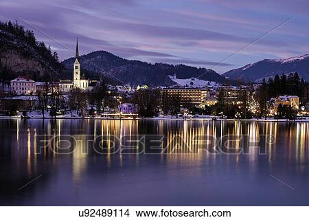 Picture - Lake Bled and illuminated waterfront. Fotosearch