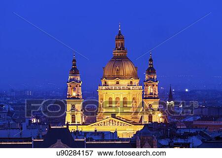 Stock Photo - Saint Stephen's Basilica illuminated at night. Fotosearch