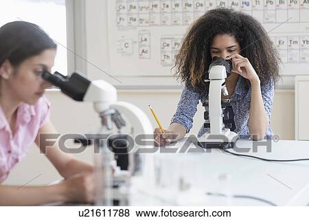 Stock Photo - Teenage girls (14-15, 16-17) using microscope in science class. Fotosearch