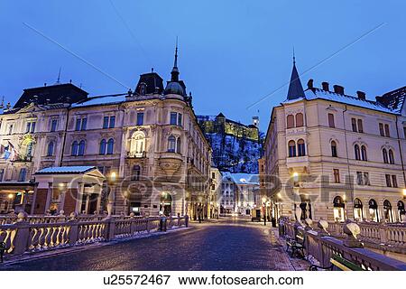 View along Triple Bridge towards Ljubljana Castle View Large Photo Image Stock Photo - View along Triple Bridge towards Ljubljana Castle. Fotosearch